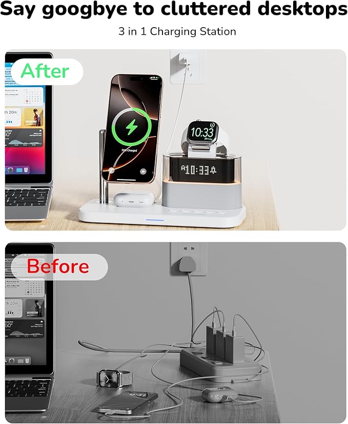 Compatible with Qi2 Certified Wireless Charging Station with Alarm Clock and Night Light,15W Fast 5 in 1 Mag-Safe Charger Stand for iPhone 16 15 14 13 12 Pro Max,Apple Watch,Air-Pods(White)