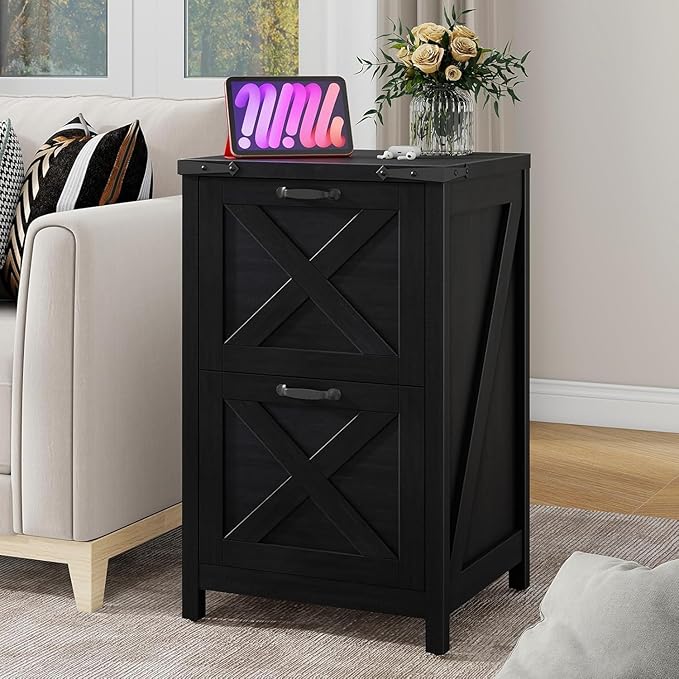 Vabches Vertical File Cabinet with 2 Drawers, Wooden Farmhouse Filing Cabinet for Letter/A4 Size Hanging Files, Under Desk Printer Stand with Storage for Home Office, Black