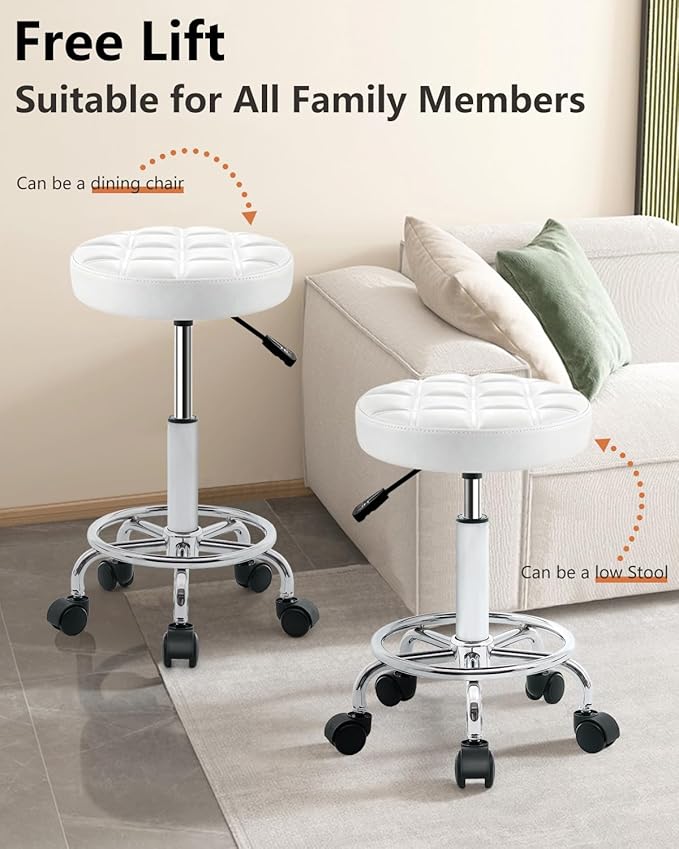 Rolling Stool with Wheels - Swivel Small Office Chair with Footrest, PU Leather Shop Stool for Office Spa Studio Lab Counter Salon Home Work Bar Kitchen Shop Teach Medical Facial, White