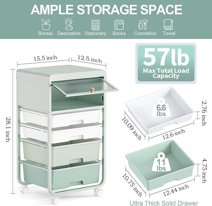 SYKIARIOL Utility-Rolling-Storage-Drawer-Craft-Cart-Organizers with 4 Drawers & Dust-proof Door for Kid Craft Art Room,Bedroom,Home Office, 4 Tiers Drawer cart, Green