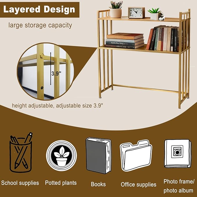 37.4" Desk Shelf, 2-Tier Desktop Hutch Bookshelf, Metal Display Rack Countertop Storage Organizer Shelf for Home Office