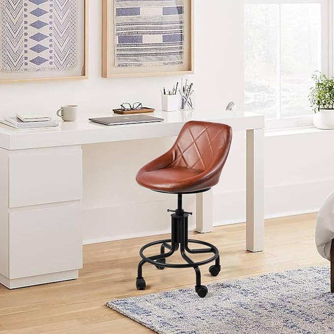 Industrial Office Chair with Backrest on Wheels Vintage Rolling Shop Stools with Wheels for Garage Swivel PU Seat Drafting Stool for Workbench 19.7-23.6inch Height Adjustable Bar Stool
