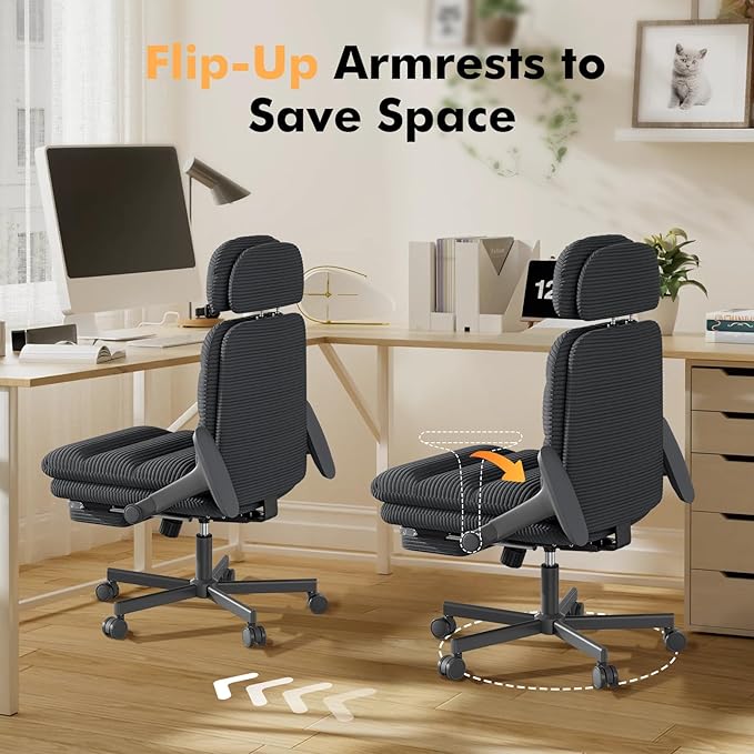 GXJ Criss Cross Chair with Flip-up Arms, Executive Office Chair with Foot Rest, Swivel Cross Legged Office Chair with Lumbar Pillow&Headrest, Corduroy Comfy Computer Desk Chair for Home, Black