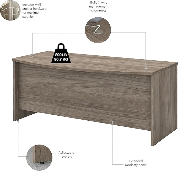 Bush Business Furniture Studio C 72W x 36D Bow Front Desk with Mobile File Cabinets in Modern Hickory