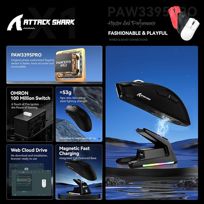 ATTACK SHARK X1 Superlight Wireless Gaming Mouse with RGB Magnetic Charging Dock, BT/2.4G Wireless/Wired Gaming Mouse, PAW3395PRO Gaming Sensor, 40000DPI, 53g Office Mice for PC/Mac/Win/Xbox (Black)
