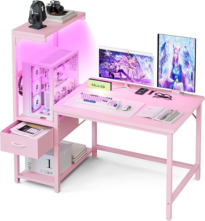Grandder Gaming Desk 41 Inch with CPU Stand and LED Light, Computer Desk with Reversible Shelves and Storage Drawer, Pc Small Desk for Home Office Table with Bag, Pink