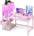 Grandder Gaming Desk 41 Inch with CPU Stand and LED Light, Computer Desk with Reversible Shelves and Storage Drawer, Pc Small Desk for Home Office Table with Bag, Pink