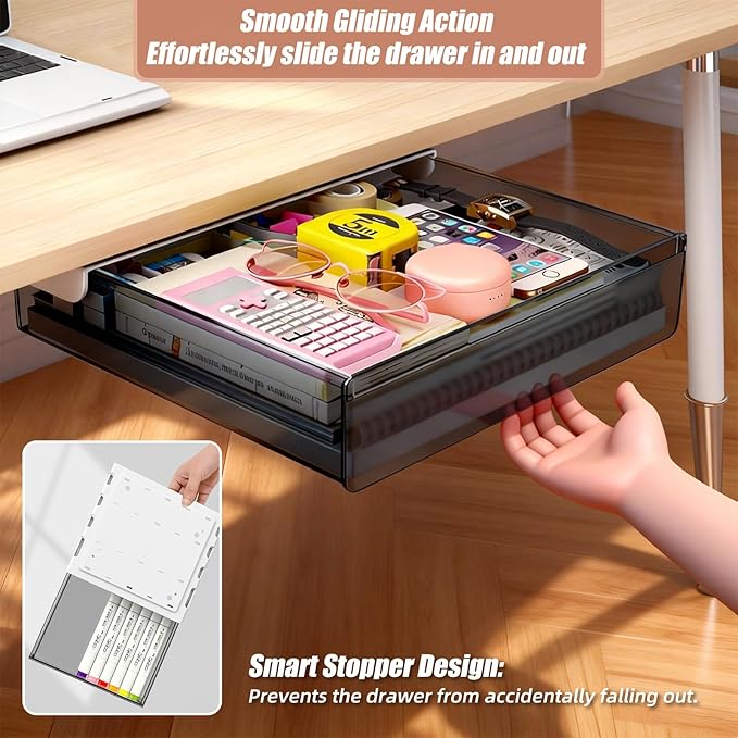 3 Pack Under Desk Drawer Slide Out Storage Organizer, Transparent Black Hidden Desktop Drawer Attachment with 3 Sizes (S/M/L), Adhesive or Screw-Mount Table Tray for iPads, Journals & Desk Accessories