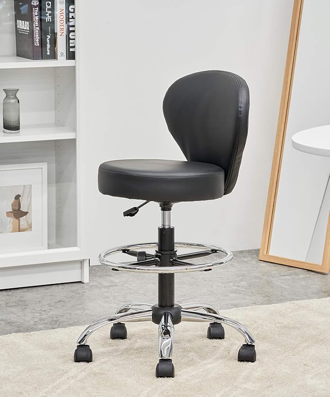 KLASIKA PVC Faux Leather Drafting Chair Set of 4 Rolling Swivel Salon Stool with Back Foot Rest Adjustable Hydraulic Seat Height 30 Inch Diameter 15 in Lumbar Support for Massage Facial Spa 4 Pack