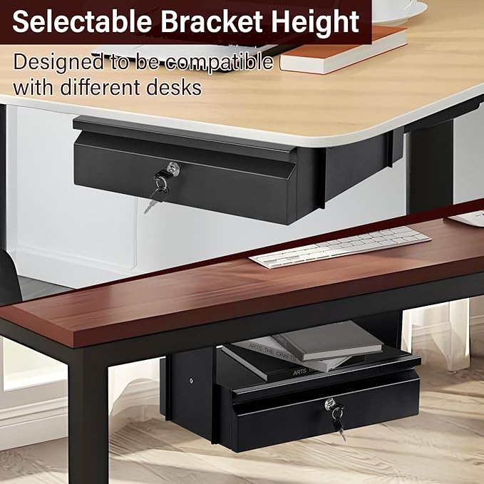 Under Desk Drawer 15.7" x 11.8" x 4.3", Under Desk Pull Out Drawer with Lock and Keys, 4.3” & 7.5” Optional Bracket Height, Storage Organizer for Workbench with Drawers