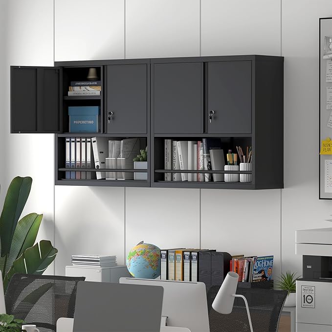 IRONFFICE Metal Cabinet,Lockable Storage Cabinet with Doors,Metal Garage Wall Cabinet with Adjustable Shelf,Locking Cabinet for Home Office,Garage,Shop,Black