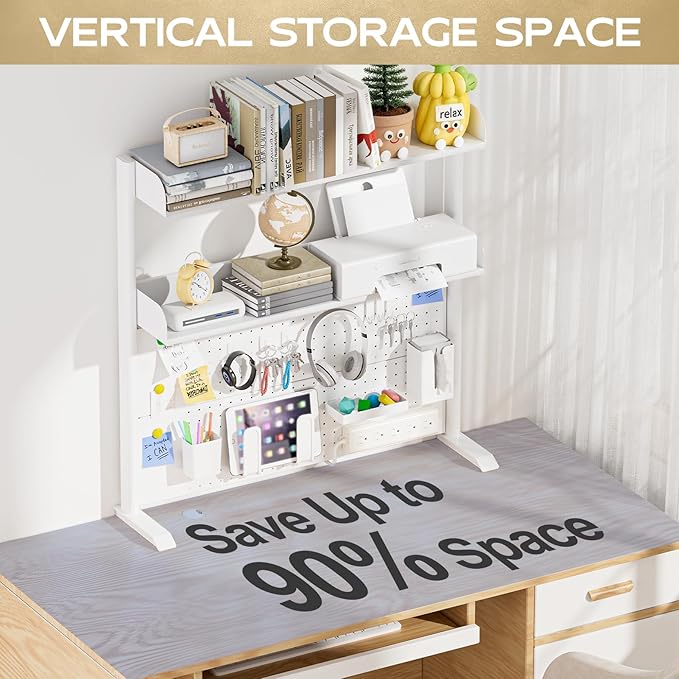 Adjustable Desktop Hutch Bookshelf, Desk Shelf Organizer with Pegboard and Thickened Metal Frame, 2 Tier Display Rack, Countertop Storage, Wood Bookcase for Home, Dorm or Office, White, 38.9" W