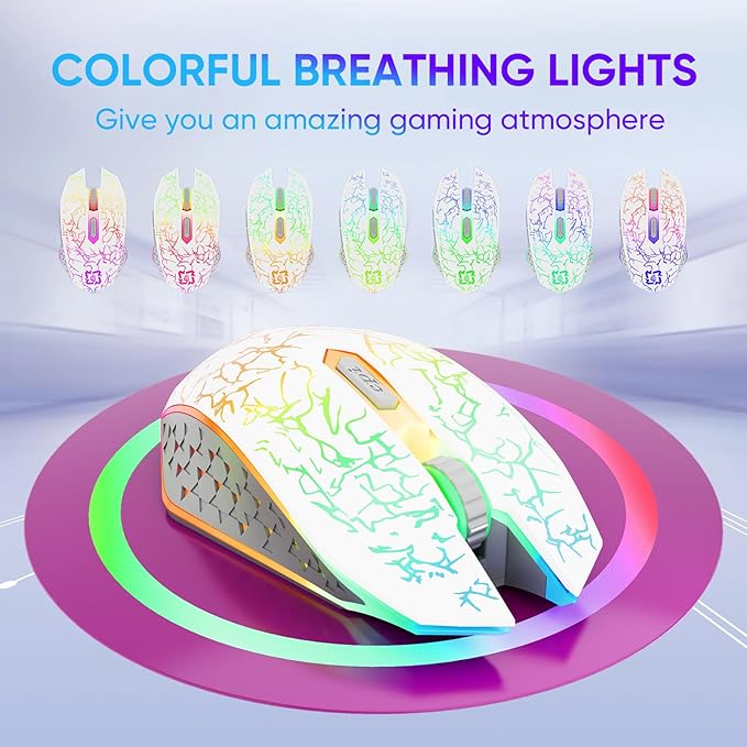 MELOGAGA Bluetooth Mouse Wireless Gaming Mouse, 2.4G Cordless RGB Rechargeable PC Game Mouse Computer Mice for Laptop Desktop -White