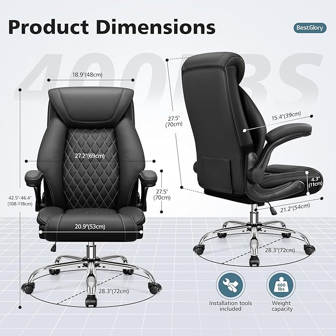 BestGlory Office Chair, Ergonomic High Back Home Office Desk Chair, Big and Tall Breathable Leather Office Chair with Lumbar Support Flip-Up Armrests, Computer Gaming Chair with Rocking Function