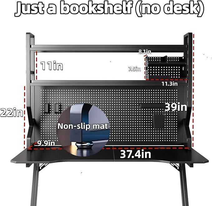 Desktop Hutch Bookshelf,Many Sizes,Metal Desktop Bookcase with pegboard, Desk Shelf, Countertop Storage Organizer Rack for Dorm or Office,Desktop Shelves (Black, 37.4" Lx9.9 Wx39 H)