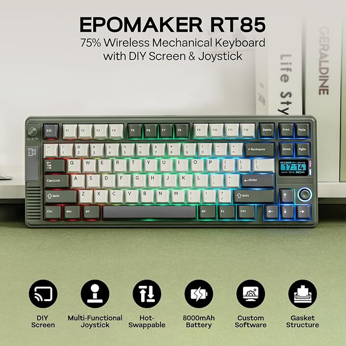 EPOMAKER RT85 Wireless Mechanical Keyboard with Joystick & DIY Screen, 8000mAh, BT/USB/2.4Ghz, Gasket, 5-Layer Paddings, Hot-Swap, PBT Keycap, 75% Gaming Keyboard (Army Green, Wisteria Linear)