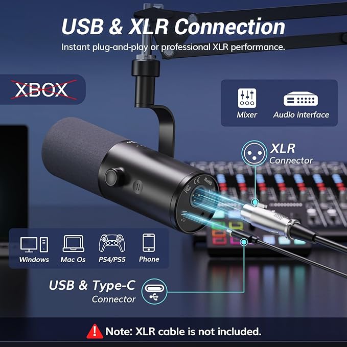 TONOR Dynamic Podcast Microphone for Studio, Cardioid XLR/USB Mic, AI Noise Cancellation, Tap Mute, 3.5mm Headphone Jack for Monitoring, Volume Control, Microfono with Boom Arm, Black, TD510 AIR H+
