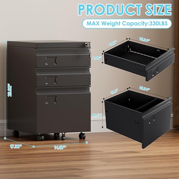 SUXXAN 3 Drawer Mobile File Cabinet with Lock, Heavy Duty Steel Under Desk Filing Cabinet for Letter/Legal/A4 Size, Fully Assembled Except Casters, Anti-Tip Design for Home Office