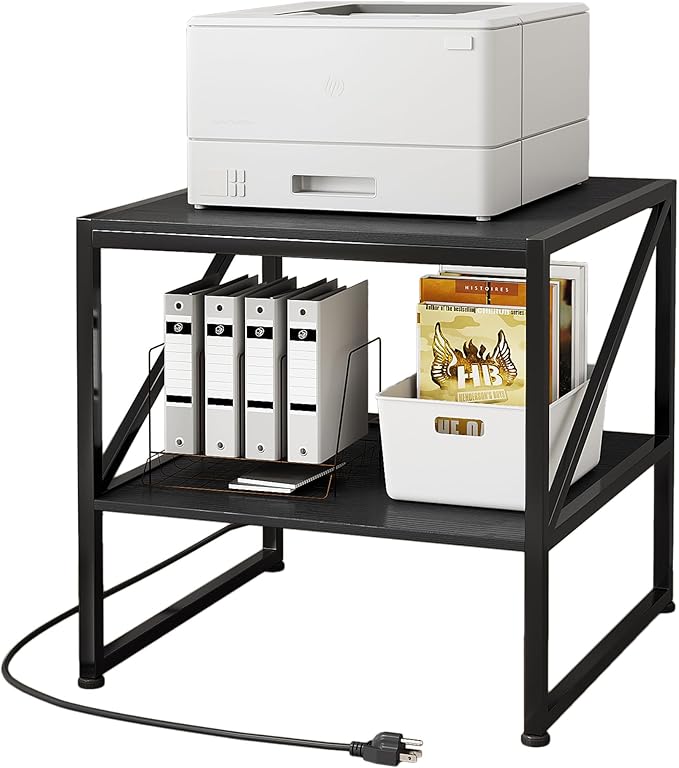 2-Tier Large Priner Stand with Charging Station, 20"×20" Under Desk Printer Table with Power Outlets and USB Ports for Home Office, Heavy Duty Storage Rack for Scanner Fax Machine Heat Press, Black