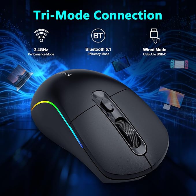 E-YOOSO Wireless Gaming Mouse, 10,000 DPI, Tri-Mode 2.4Ghz/Bluetooth/USB-C Wired, RGB Backlit, 6 Programmable Buttons, Ergonomic Rechargeable Gamer Mice with PC, Mac, PS, Xbox - Black