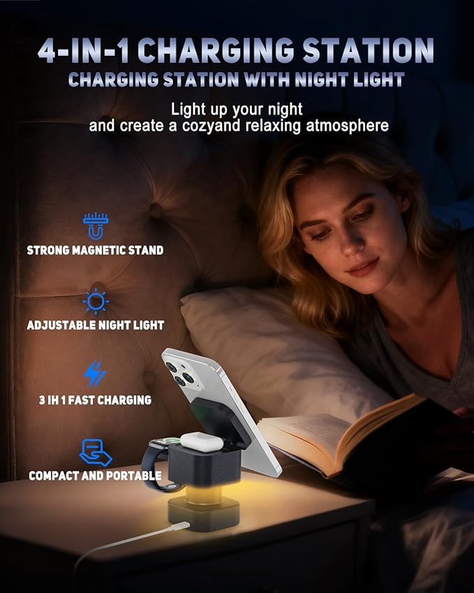 【2026 Upgraded】 QFA Wireless Charger 4 in 1 for iPhone with Night Light,Fast Magnetic Stand,Charger Station for iPhone 17/16/15/14/13/12 Pro/Max/Plus/Air Apple Watch Airpods