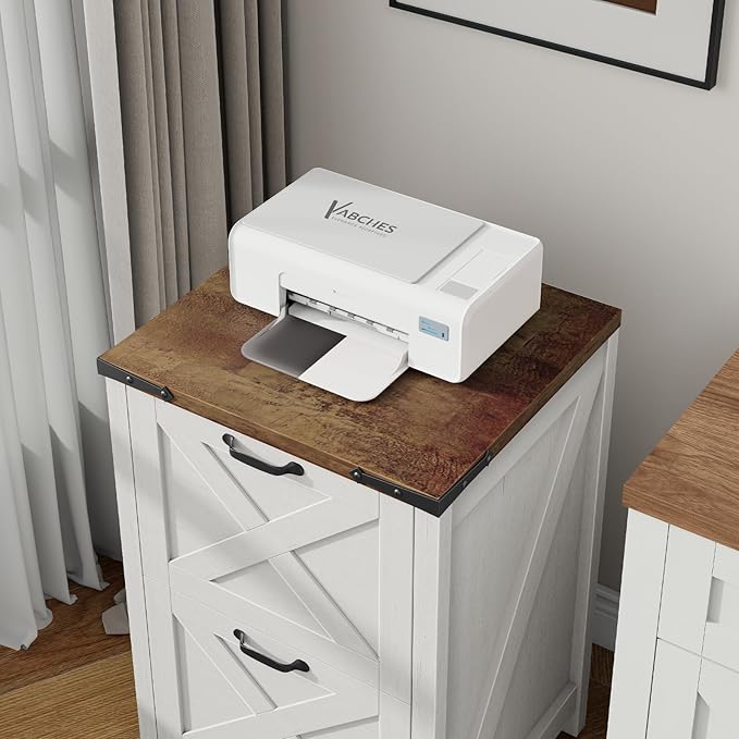 Vabches Vertical File Cabinet with 2 Drawers, Wooden Farmhouse Filing Cabinet for Letter/A4 Size Hanging Files, Under Desk Printer Stand with Storage for Home Office, Rustic White