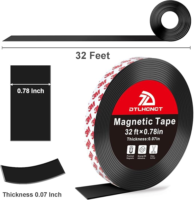 DTLHCNCT Magnetic Tape - 32 ft x 0.78 inch Magnet Strip Tape Roll with Strong Adhesive Backing for Kitchen, Office, School Organization, Whiteboards,Fridge(0.07" Thick)