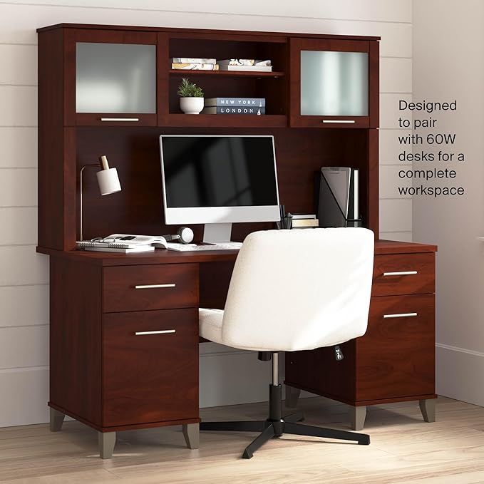 Bush Home 60-Inch Desk Hutch, Office Storage Organizer with Shelves, Cubbies and Frosted Glass Doors for Computer Desk, Home Office Furniture, Somerset Collection, Hansen Cherry