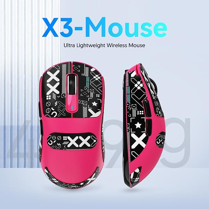Attack Shark X3 Wireless Gaming Mouse, 49g Ultralight, PixArt PAW3395 26000 DPI, Bluetooth/2.4Ghz /Wired Tri-Mode, 200Hrs Rechargeable Battery, Kailh GM8.0 Switch for PC/MAC/Win - Rose Red&Tape
