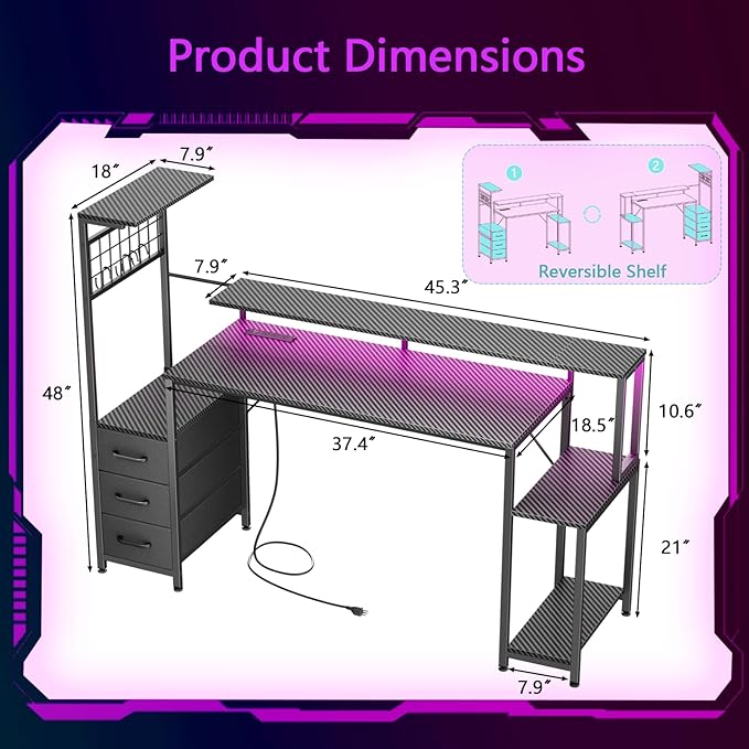 Korfile 55 Inch Gaming Desk with Bluetooth LED Lights & Power Outlets,Computer Desk with Fabric Drawers & Hooks,Reversible Gamer Table with Monitor Stand for Game Room,Home Office,Carbon Fiber Black