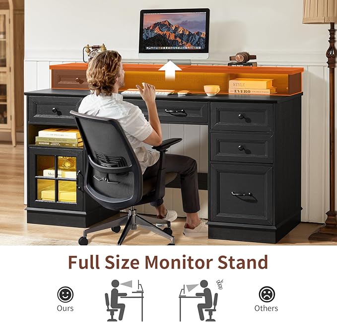 HAUOMS Farmhouse Executive Desk with Drawers Computer Desk with File Drawers, Power Outlet and Led Lights, Executive Office Desk with Storage Cabinet and Monitor Shelf for Home Office, Black