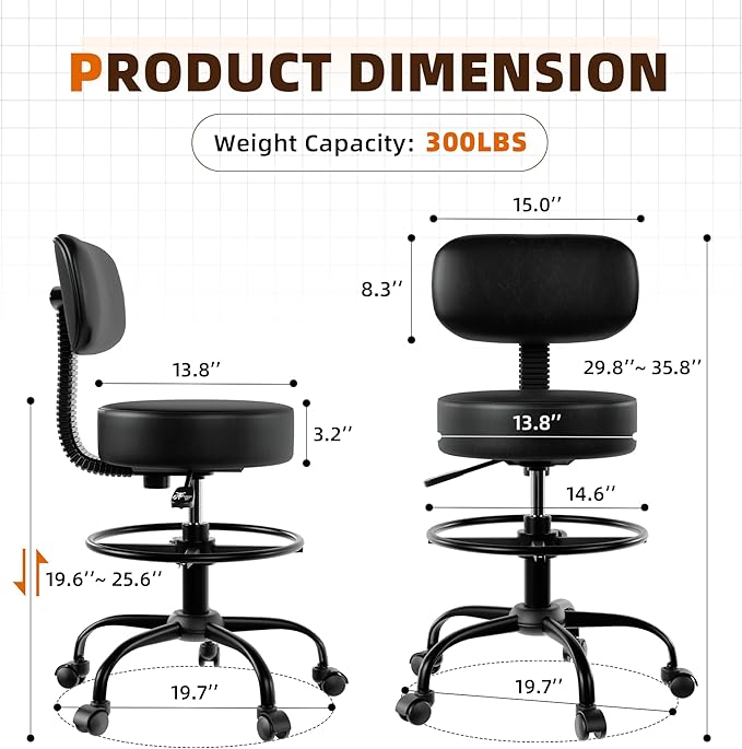 Drafting Chair with Back, Adjustable Foot Rest Rolling Stool (1, Black)