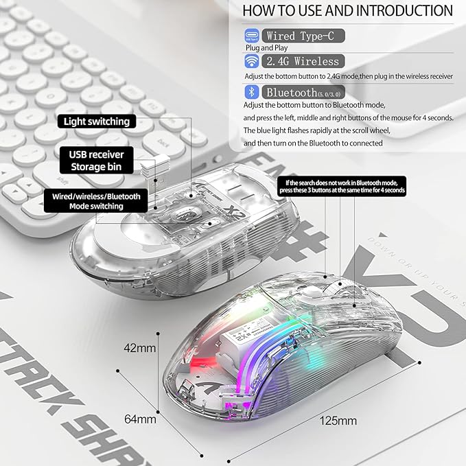 Wireless Gaming Mouse With Full Transparent Design,Double Mode 2.4G/Bluetooth Mouse,3D RGB Backlit,Ergonomic Silent Mouse with 7 Buttons,Rechargeable Wireless Computer Mice for Laptop,PC,Mac(Black)