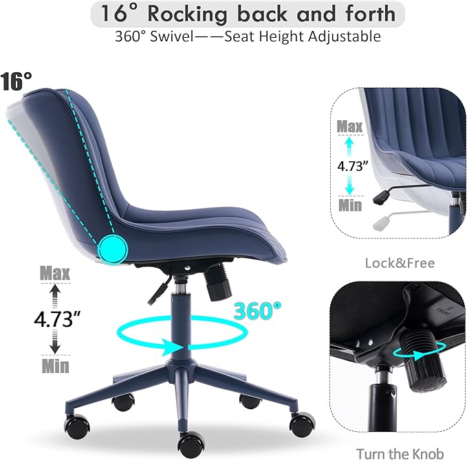 YOUNIKE Home Office Desk Chair with Wheels Armless Vanity Chair with Back Comfy Modern Leather Upholstered Rolling Task Chair Swivel Small Cute Sewing Chair No Arms Wide Adjustable Ergonomic Navy Blue