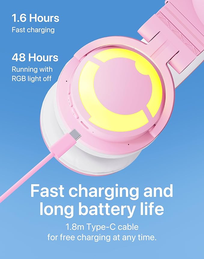 YOWU Cat Ear Headphones CE, Wired/Wireless Pink Gaming Headsets with Seamless Live Sound Experience for PC/PE/Switch/PS4/PS5, Built-in Mic & Customizable RGB Light Effect for Anime Lovers