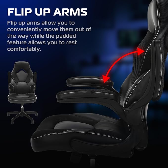 RESPAWN 3085 Ergonomic Gaming Chair for Adults, High Back Office Chair with Headrest and Flip Up Arms, Leather Racing Style Gaming Seat with Lumbar Support, Video Game Computer Desk Seat - Black
