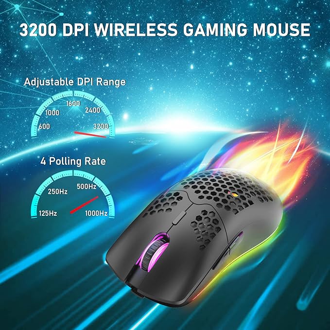 XINMENG Wireless Gaming Mouse Lightweight Honeycomb Design 3200 DPI Rechargeable Gaming Mouse with 16 Rainbow Backlit, USB Receiver,Compatible with PC Gamers and Xbox and PS4 Users