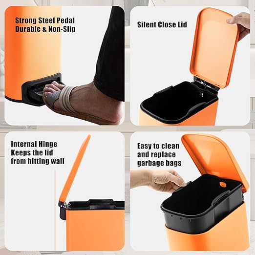 Cesun Slim Step-On Stainless Steel Desk Wastebasket – Matte Orange (1.6 Gal)