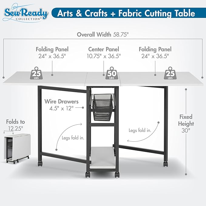 Studio Designs Sew Ready Fabric Sewing/Cutting Standing Table with Organizers - 58.75" W x 36.5" D x 30" H - Charcoal / White