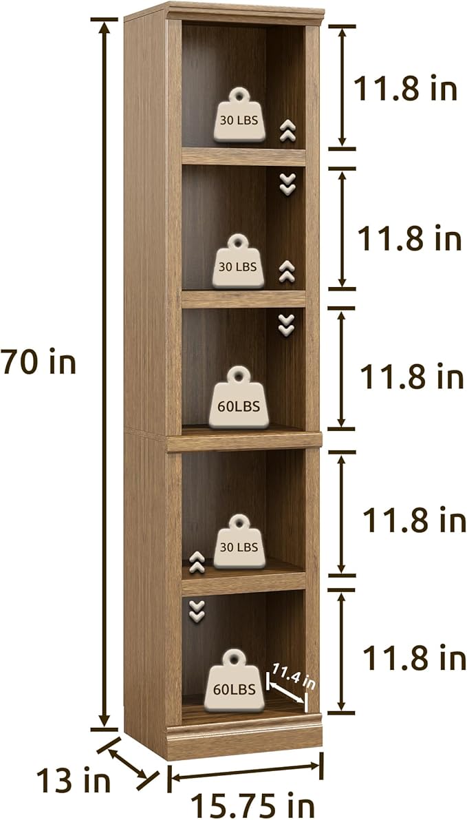 Bevfint 70" Tall Bookcase, Oak Narrow Floor Standing Bookshelf, 5 Tier Shelves Open Storage Organizer, Book Case for Living Room Hallway Kitchen Home Office Bathroom, Vintage Oak- 5 Tier