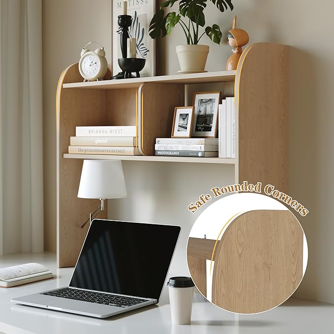 Wooden Desktop Bookshelf,37”3-Tier Rounded-Edge Desk Storage Organizer,Space-Saving Countertop Shelf for Office Dorm Home，Burlywood
