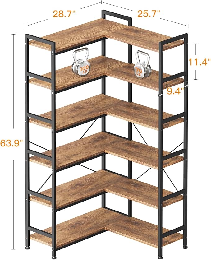 Casaottima Corner Bookshelf 6 Tier, 64 Inches Reversible Book Shelf for Living Room, Industrial Wooden Bookcase with Open Shelves and Metal Frame for Bedroom, Home Office, Kitchen, Vintage