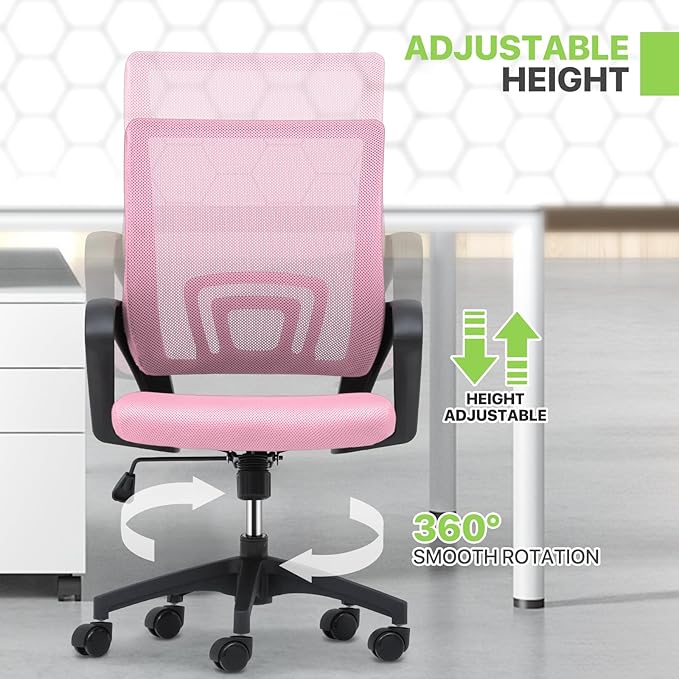 Magshion Office Chair, Ergonomic Mid-Back Mesh Desk Chair, Rolling Computer Chair with Lumbar Support & Comfy Armrests for for Gaming, Work, Study, 300 Lbs Capacity, Pink