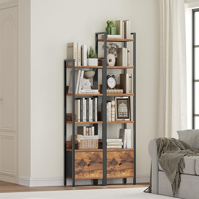 MAHANCRIS Bookshelf, 6-Tier Bookcase with Drawer, Small Book Shelf for Small Space, Storage Shelf Organizer, for Living Room, Bedroom, Study, Kitchen, Rustic Brown and Black BKHR66101