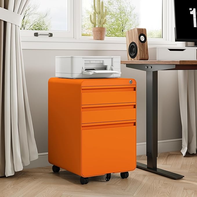 Dripex 3 Drawer Orange File Cabinet, Mobile Under Desk Storage File Cabinet with Lock on Wheels, Letter/Legal Size,Fully Assembled, Small Short Vertical Metal Rolling Filing Cabinets for Home Office