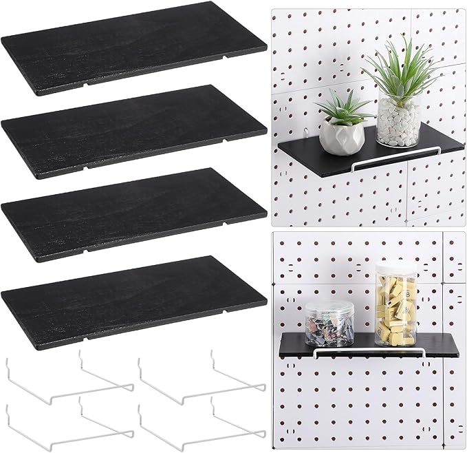 Wonderjune 4 Pcs Wooden Pegboard Shelves with Metal Pegboard Shelf Brackets Peg Board Display Storage Tray Wall Organizer Peg Board Accessories for Craft Room Home Kitchen(Black,9.84 x 5 Inch)