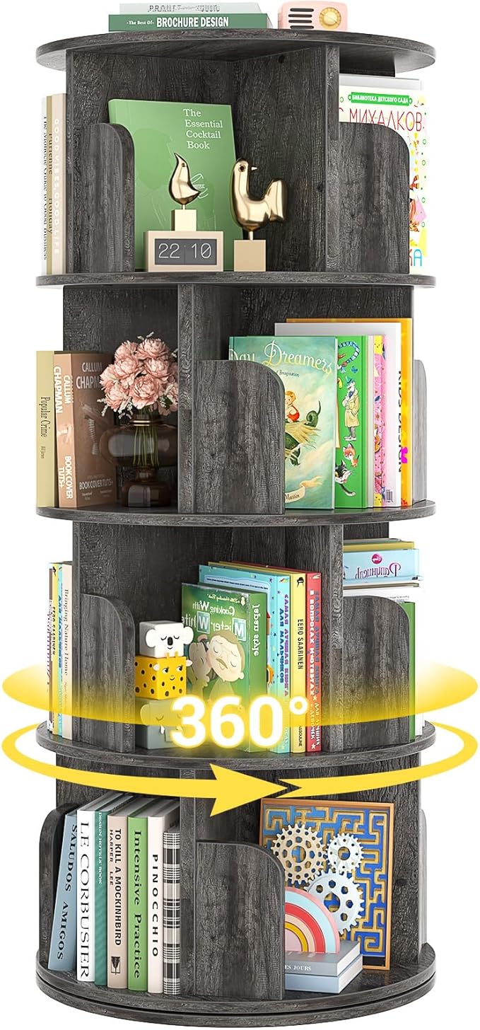 Besiost Rotating Bookshelf, Wood Corner Bookshelf, 360 Display Spinning Bookcase Storage Rack, 4 Tier Floor Standing Revolving Bookcase Narrow Book Shelf Organizer for Small Space, Bedroom, Grey Oak