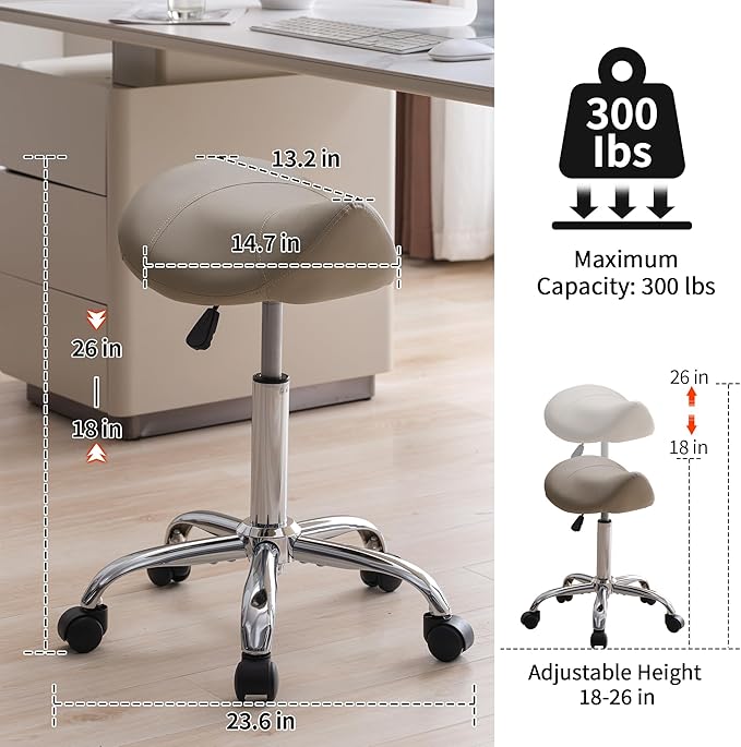 FIRAVOE Saddle Stool, Swivel Saddle Stool with Wheels, Adjustable Rolling Stool 18"-26", Faux Leather Rolling Stool for Salon, Massage, Clinic, Lab, Office (Light Grey, 1PCS (18"-26"))