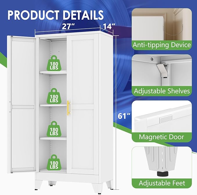 61" Metal Storage Cabinet with Adjustable Leveling Foot,Garage Storage Cabinets with 2 Doors and 3 Adjustable Shelves, Black Steel Cabinet for Office,Home,Garage