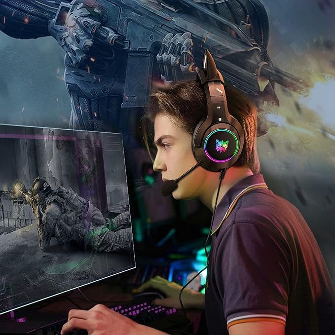 PHNIXGAM Cat Ear Gaming Cute Headset, Wired Headphones with Microphone, Surround Sound, LED Backlight for PS4, PS5, PC, Mobile Phone (Black)